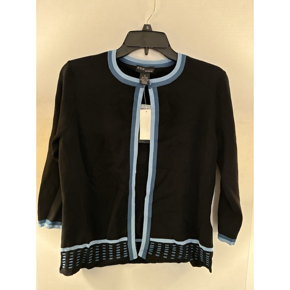 NWT Grace Knitwear Cardigan‎ Sweater M Black Blue Trim Open Front 3/4 Sleeve